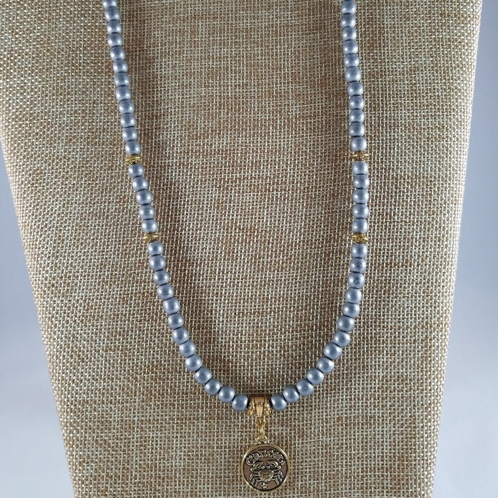 Hand Crafted Hematite Necklace with Zodiac Charm Unisex-“Cancer” Charm